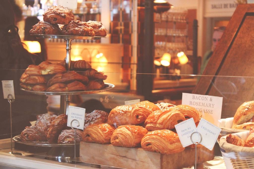 Freshly baked bread and pastries in a bakery window