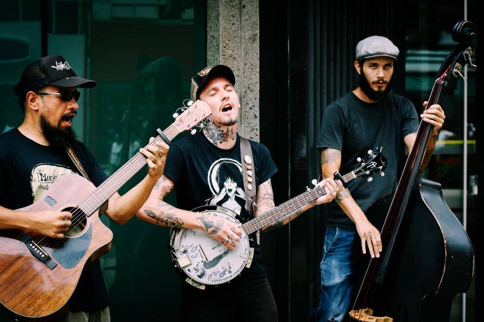 A folk trio playing live